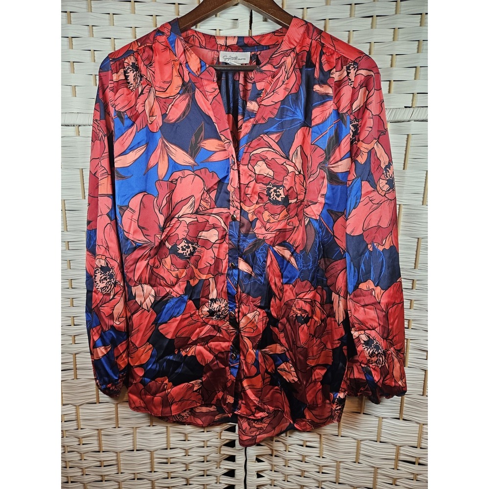Jaclyn Smith Womens Red Floral Silky Long Sleeve Blouse Size Large Bloomcore